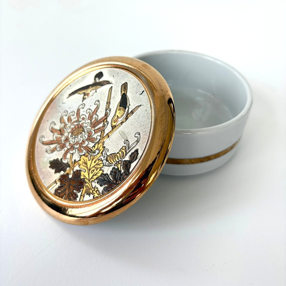 The Art of Chokin Japanese Trinket Box Gold Silver Gilded Bird Chrysanthemum 4in